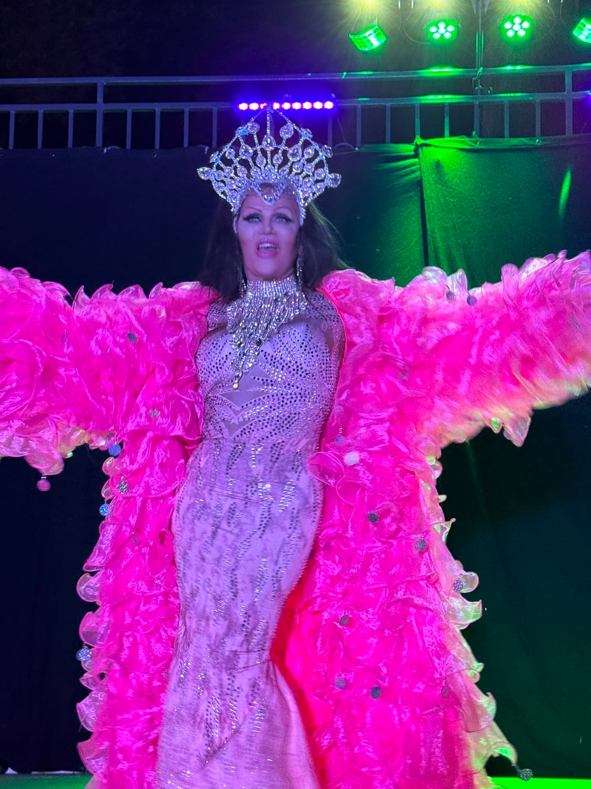 Une artiste en costume à plumes roses sur la scène du Moulin Bleu